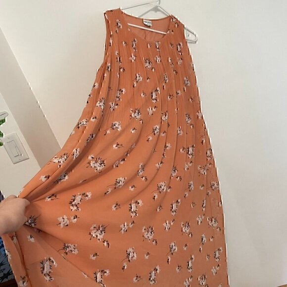 AVA & VIV Plus Size Floral Pleated Midi Dress Peach Pink Orange Hi-Lo 1X NO BELT - Picture 7 of 16